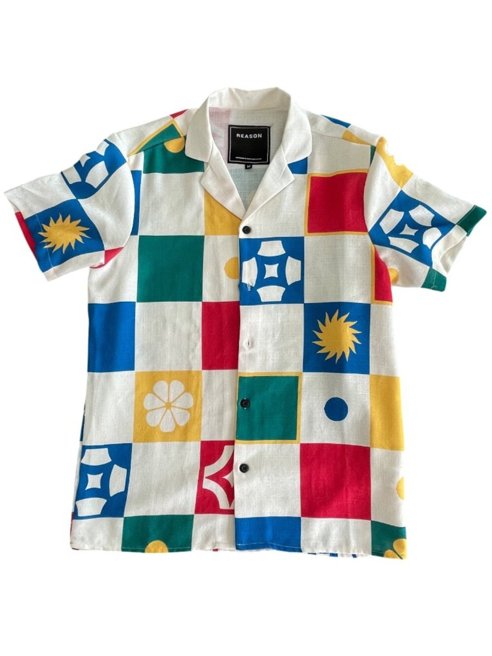 Reason Mens Multicolor Retro Block Print Short-Sleeve Button-Up Shirt M